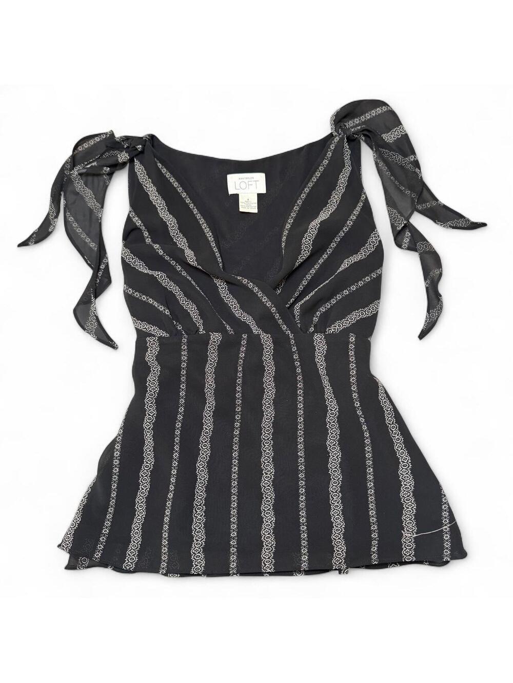 Y2K Ann Taylor LOFT black & white tie-shoulder top